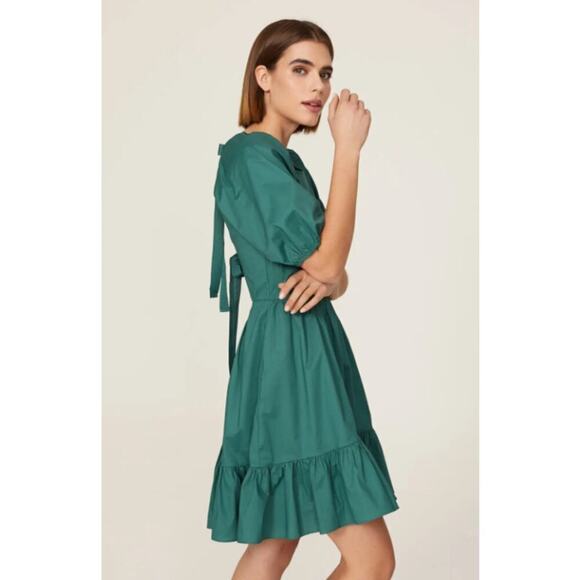 Peter Som Collective Puff Sleeve Dress Open Tie Back Cotton Mini Green Size 8 - Picture 3 of 13